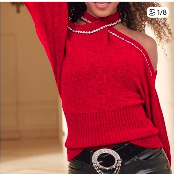 NWOT!!!VENUS Stylish Red Chenille Embellished Off-Shoulder Sweater - Picture 2 of 5
